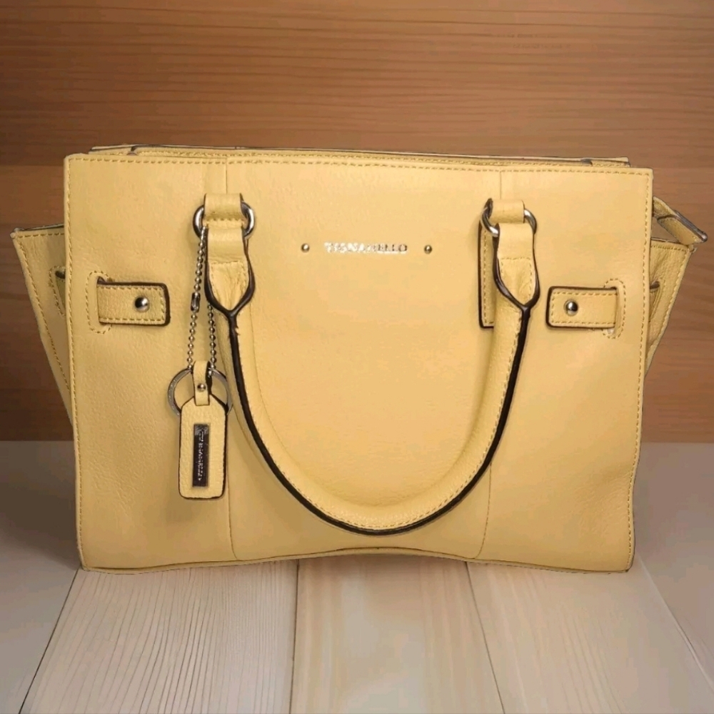 Tignanello Pebbled Leather Double Handle Purse Bag Caramel Tan Key Chain NEW